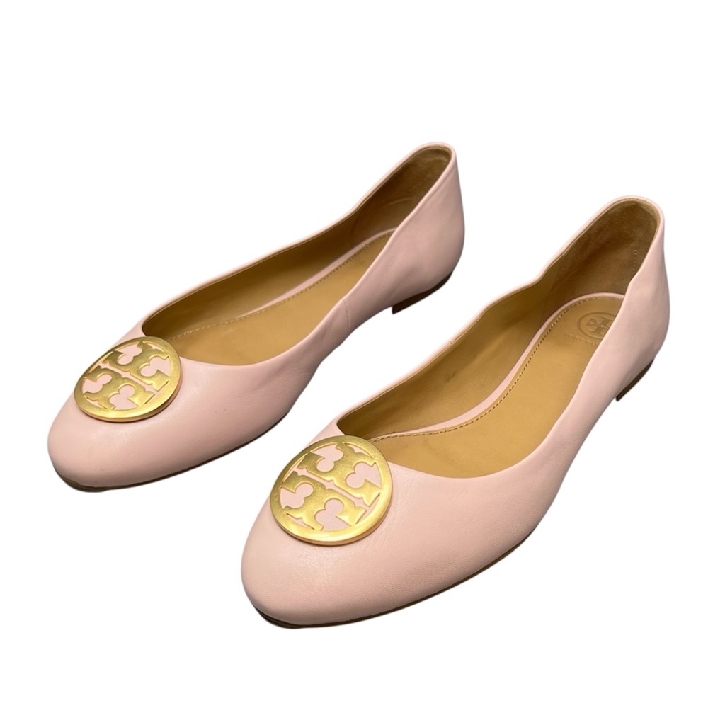 Tory Burch Benton Ballet Flats Size 12 Sea Shell Pink Leather Gold Logo Emblem - Picture 4 of 11